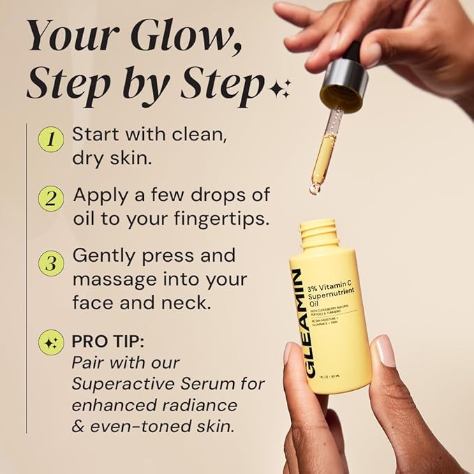 Gleamin Brightening Face Oil with Vitamin C & E, Turmeric, Jojoba & Cloudberry | Hydrating Facial Oil for Radiant Glow, Dark Spots, Fine Lines & Uneven Tone | Skin Brightening for Women & Men, 1 Fl Oz