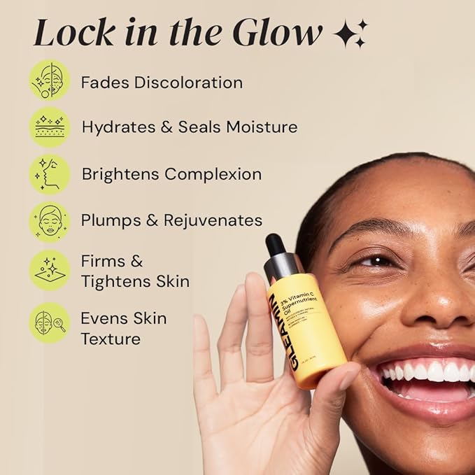 Gleamin Brightening Face Oil with Vitamin C & E, Turmeric, Jojoba & Cloudberry | Hydrating Facial Oil for Radiant Glow, Dark Spots, Fine Lines & Uneven Tone | Skin Brightening for Women & Men, 1 Fl Oz