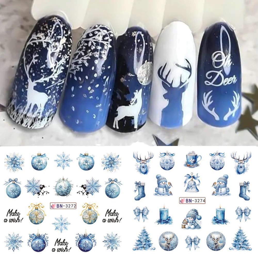 12 Sheets Christmas Nail Art Stickers Winter Snowflake Snowman Water Transfer Nail Decals Xmas Tree Santa Claus Penguin Gingerbread Man Design Acrylic Nail Foils for Women Kids DIY Holiday Nail Decor
