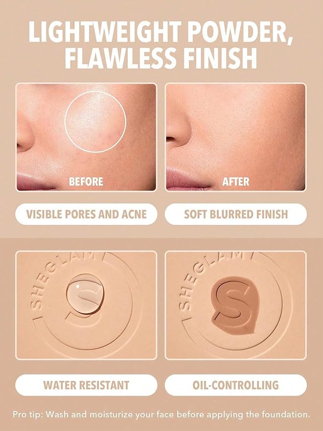 SHEGLAM SKin-Focus Full Coverage Powder Foundation Oil-Control Lightweight Face Pressed Powder Makeup-Porcelain