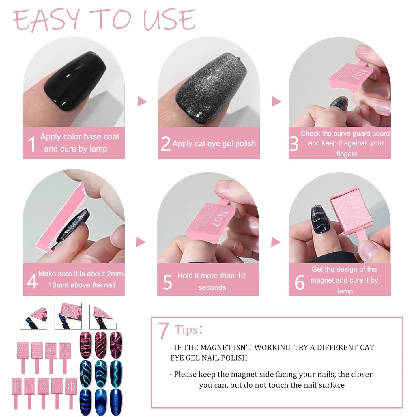 13pcs Pink Cateye Magnet for Nails Double-Ended Hexagon Nail Magnet Stick Flower Cat Eye Magnetic Pen 9 Stripe Nail Magnet Plates for Cat Eye Gel Nail Polish