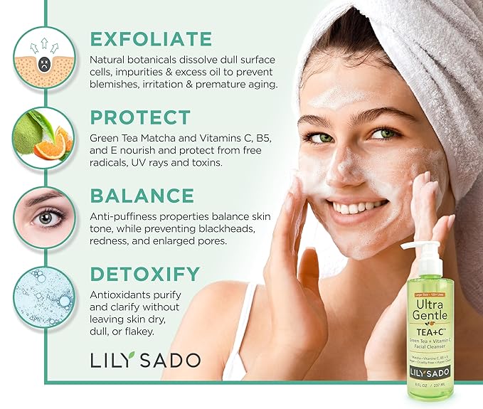 LILY SADO TEA+C⢠Green Tea & Vitamin C Face Cleanser ā Natural Vegan Antioxidant Daily Face Wash with Aloe, Rosehip, Meadowfoam - Gentle Deep Cleansing for Acne, Blackheads, Blemishes. 8 oz