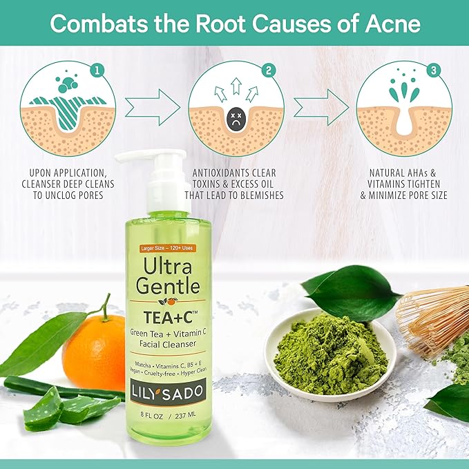 LILY SADO TEA+C⢠Green Tea & Vitamin C Face Cleanser ā Natural Vegan Antioxidant Daily Face Wash with Aloe, Rosehip, Meadowfoam - Gentle Deep Cleansing for Acne, Blackheads, Blemishes. 8 oz