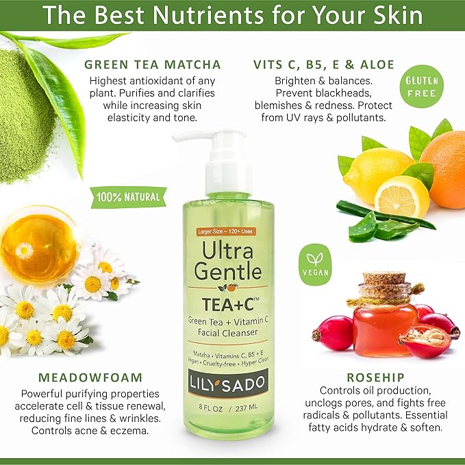 LILY SADO TEA+C⢠Green Tea & Vitamin C Face Cleanser ā Natural Vegan Antioxidant Daily Face Wash with Aloe, Rosehip, Meadowfoam - Gentle Deep Cleansing for Acne, Blackheads, Blemishes. 8 oz