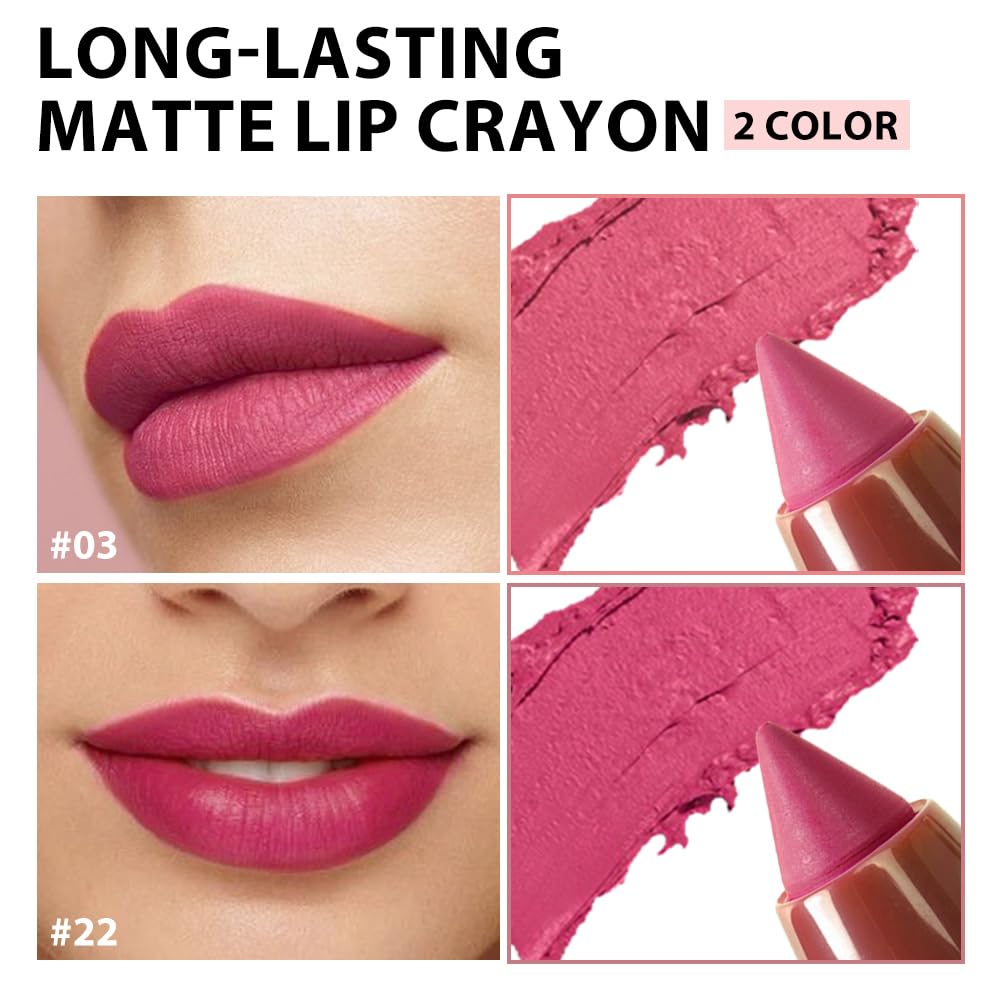 BINGBRUSH Matte Lip Crayon Set – Longwear, Waterproof, Velvet Finish, Built-in Sharpener, Smooth Lip Liner & Gloss (03#+22#, 2 Count (Pack of 1))