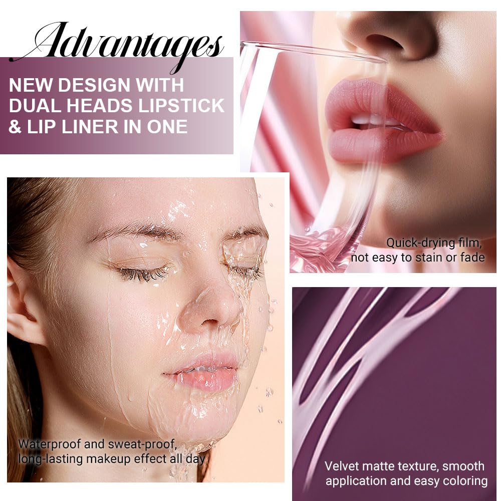 Kaely 2-in-1 Matte Lipstick and Lip Liner, Liquid Lip Stain Makeup for women Long Lasting Waterproof Smudge Proof, labiales matte mate larga duracion listip 24 hours originales, 01 Dark Plum Purple