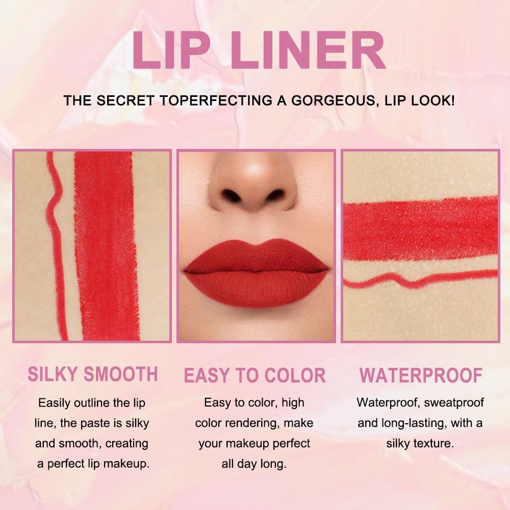 Kaely 2-in-1 Ruby Red Lip Liner & Lipstick Set Kit for Women, Matte Lips Kit with Lip Liner Lip Stains Long Lasting Waterproof 24 Hour Lipstick and Lip Liners Combo Lipliners Pencil Set 14