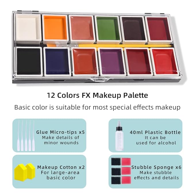 12 Colors Alcohol Activated Makeup Palette Set with Mimic Wound Sponge Makeup Egg for SFX Makeup Halloween Makeup