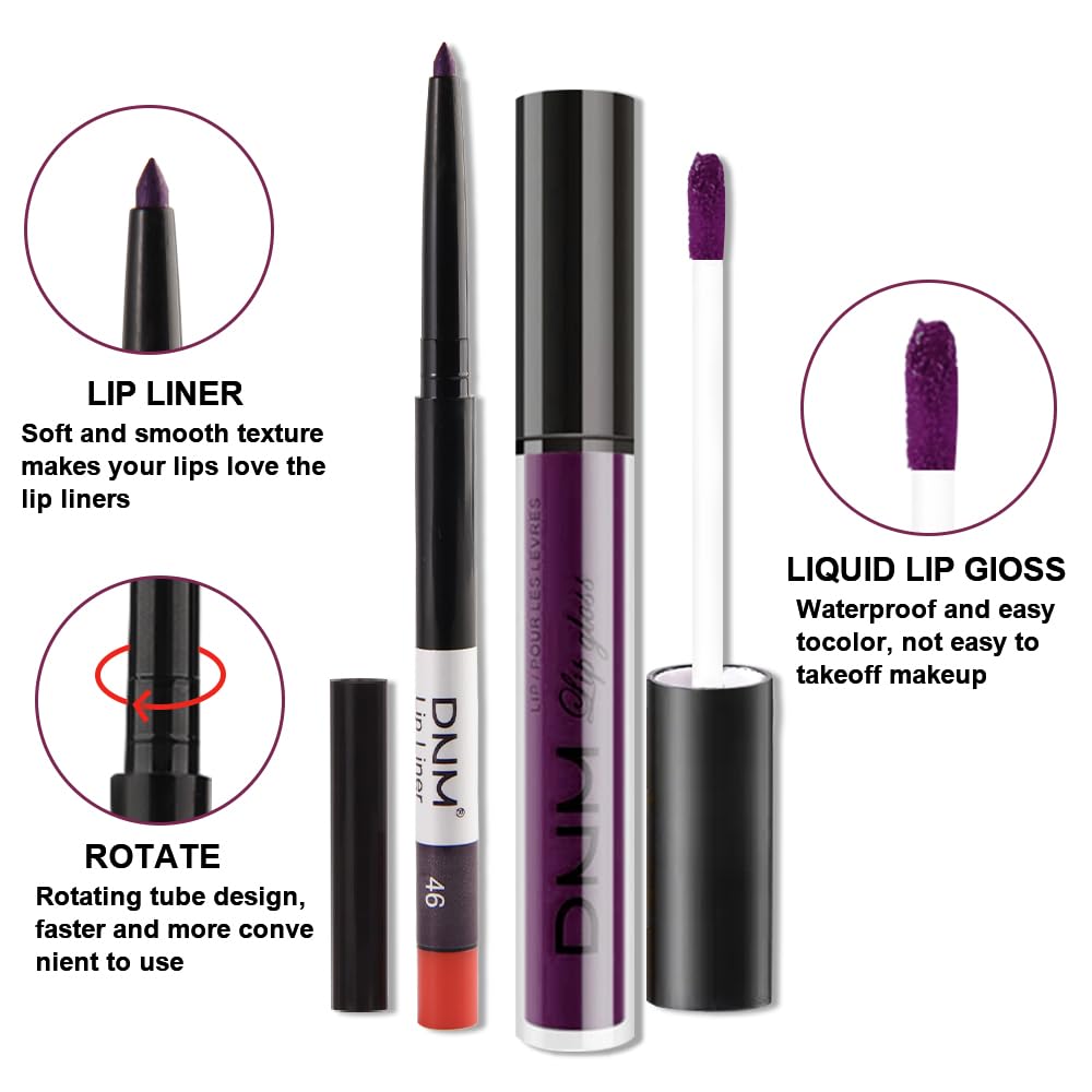 evpct 2Pcs Dark Deep Purple Matte Liquid Lipstick Lip Gloss Stain and Retractable Lip Liner Makeup Set for Women Long Lasting Waterproof 24 Hours Lipstick labial mate larga duracion 24 46#