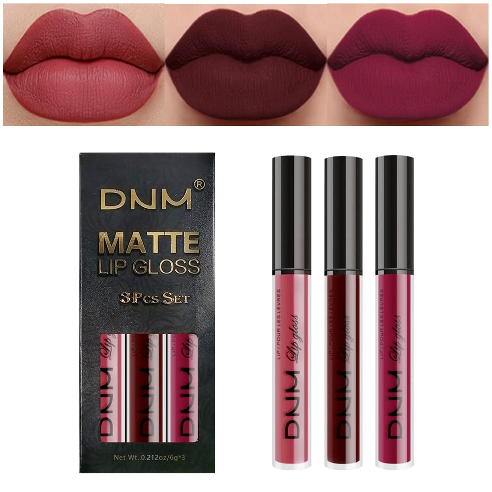 evpct 3Pcs Dark Red Purple Matte 24-hour Liquid Lipstick Sets, Matte Lipstick Lip Stain Long Lasting 24 Smudge Waterproof Lip Gloss Gift Set Matt Lipsticks Set Matt Liquid Women Makeup Lipstick 06