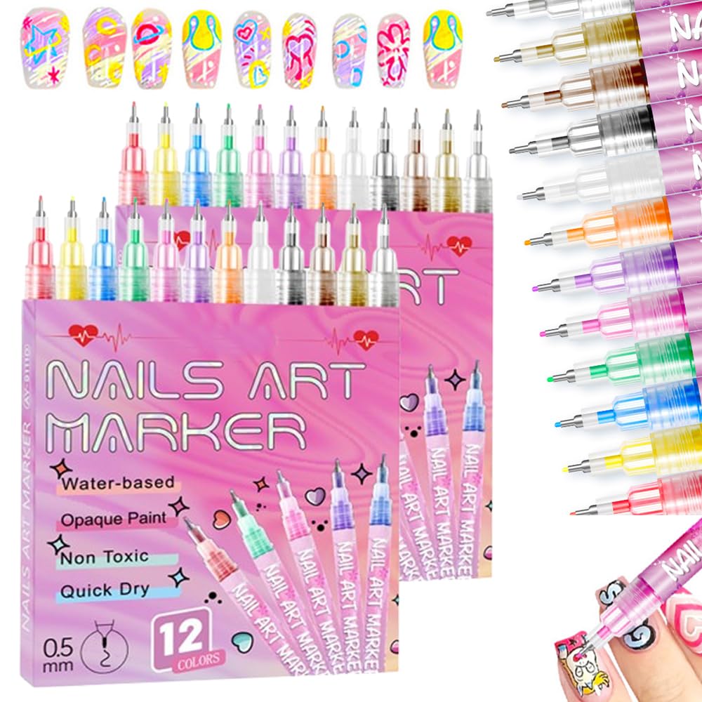 12 Colors Nail Art Pens Set, 2026 New DIY Nail Art Markers for Gel Nails, 3D Nail Polish Pens Quick Dry Graffiti Dotting Point Liner Pens Acrylic Paint Pens Kit for DIY Nail Art Drawing Painting Tools