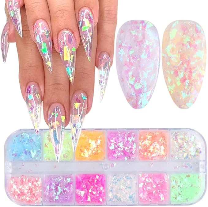 12 Colors Holographic Nail Art Glitter Sequins Iridescent Ice Slag Nail Glitter Laser Nail Art Flakes Colored Fluorescent Glass Paper Nail Sticker Decoration for Face Hand Body Make-Up DIY