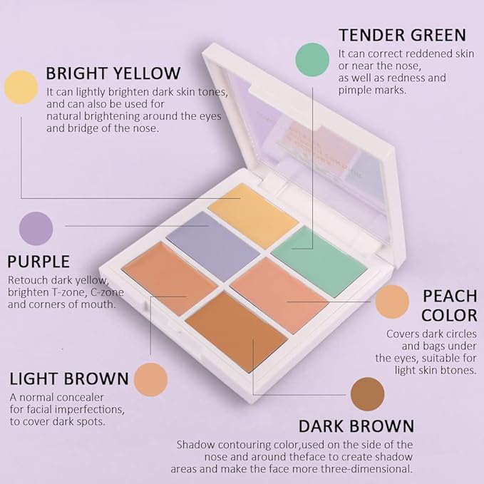 evpct 6 Colors Conceal Correct Cream Contour Makeup Palette for Mature Skin Color Correcting Conceal trouble spots dullness dark circles Correct discolorations Camouflage imperfections Covers redness