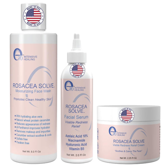 Rosacea Treatment Skincare for Women & Men - Face Wash, Rosacea Cream & Face Serum, Moisturizer Redness Reducing Skin Care with Aloe Vera, Hyaluronic Acid & Fruit Extracts, Made in USA by e70