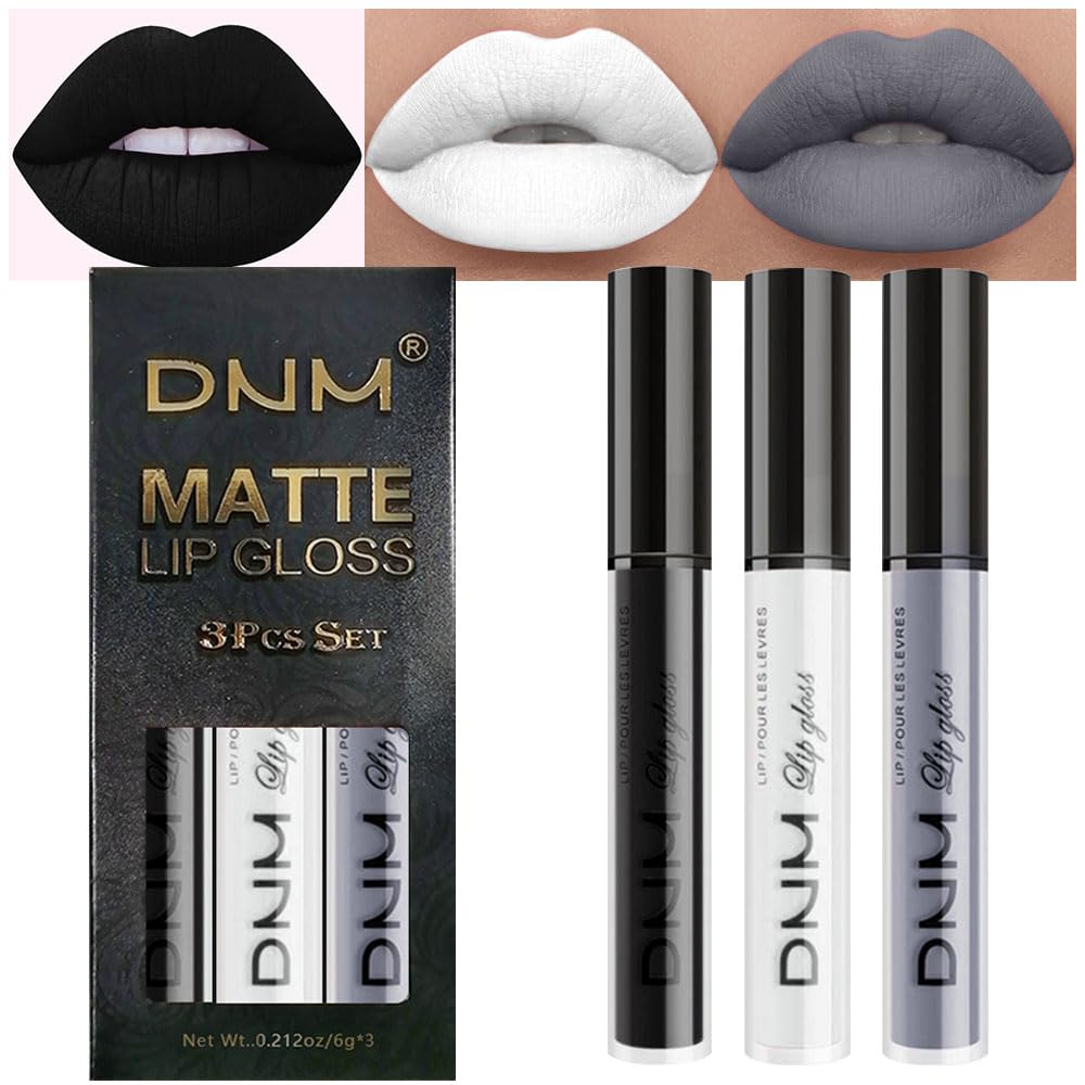 evpct 3Pcs Dark Black Grey Gray White Matte Liquid Lipstick Lip Stain Sets for Women Matte+Lipstick Long Lasting Permanent 24 hr Hours Magic Lipstick 24 Hours original Waterproof 16#