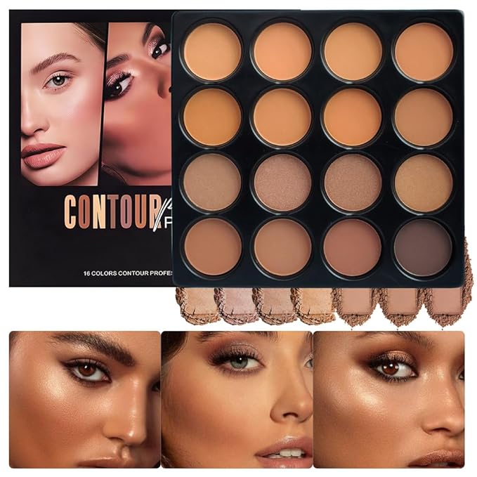 Professional Light Medium Brown Contour Highlight Palette,Multiple Full Coverage Makeup Palet for Correcting, Easy Blending, Long-lasting formula, Sculpt & Highlighting,Matte and Shimmer Finish, 16A