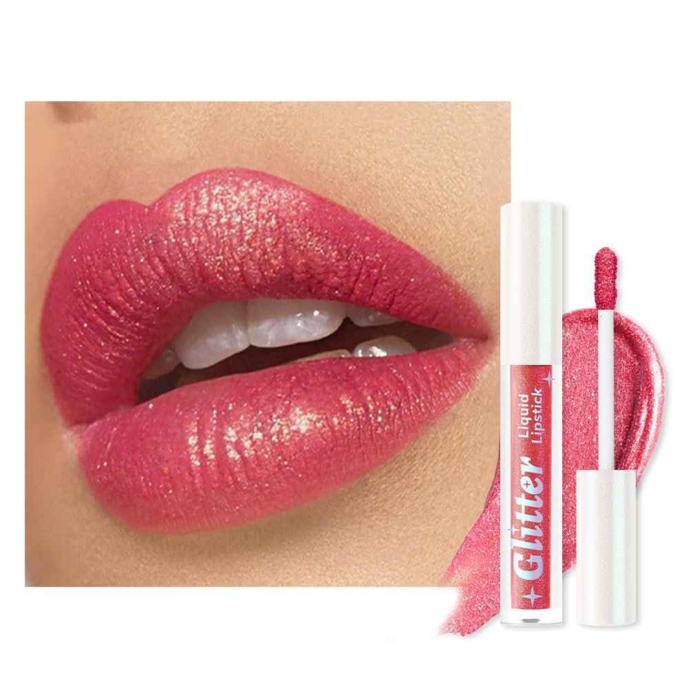Rose Pink Metallic Lipstick for Women,Lightweight Glitter Sparkling Liquid Lipsticks,Shimmer Lip Gloss Stain Long Lasting Waterproof Smudge Proof Non-Drying 24 Hour Full Coverage Lip Makeup,Vegan