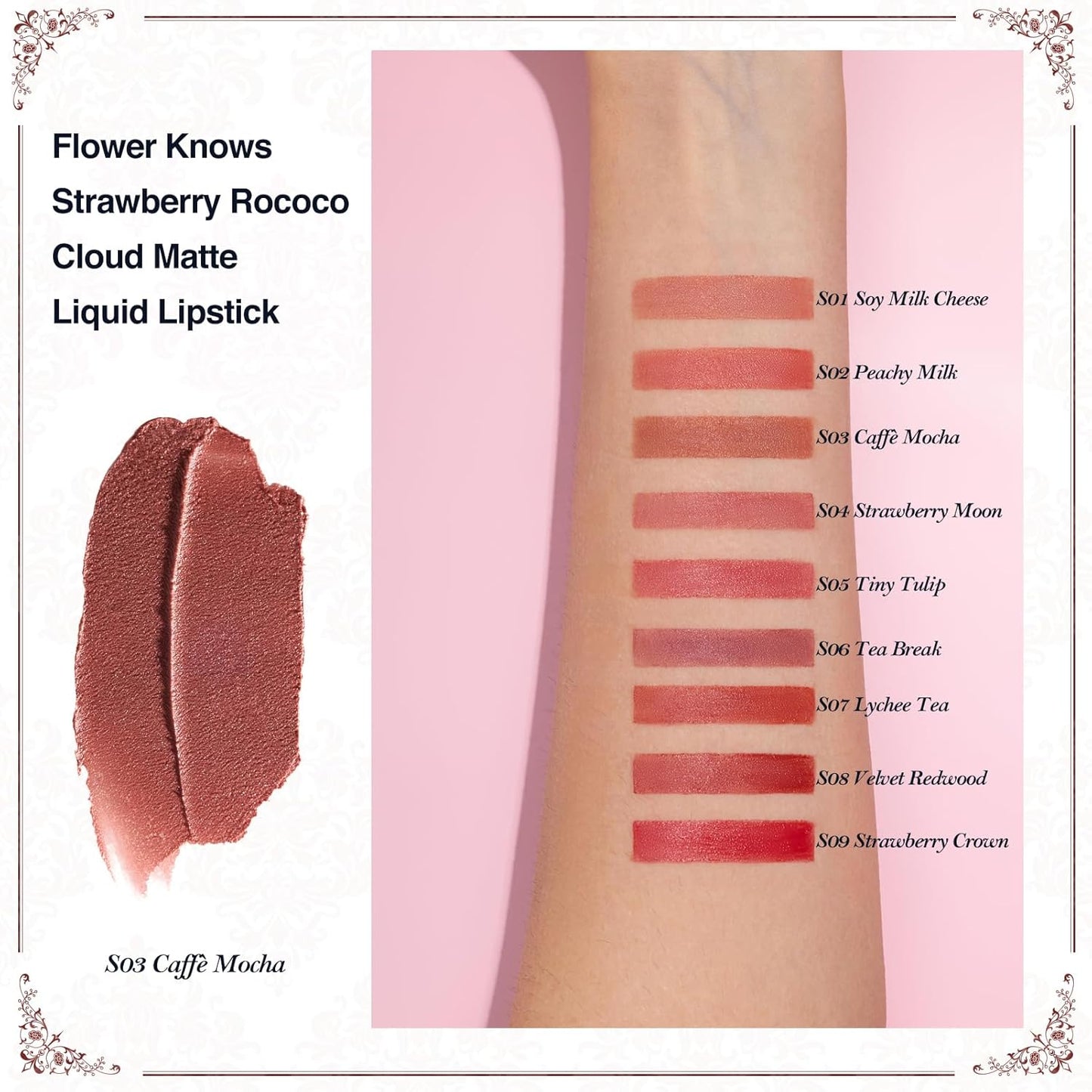 Flower Knows Strawberry Rococo Cloud Lip Cream,Velvety Matte Liquid Lipstick,Nude Lipstick,Long Lasting Lip Stain,Kiss-proof Blurred Lipstick for Girls&Women,0.12 Fl Oz(S03 Caffe Mocha)