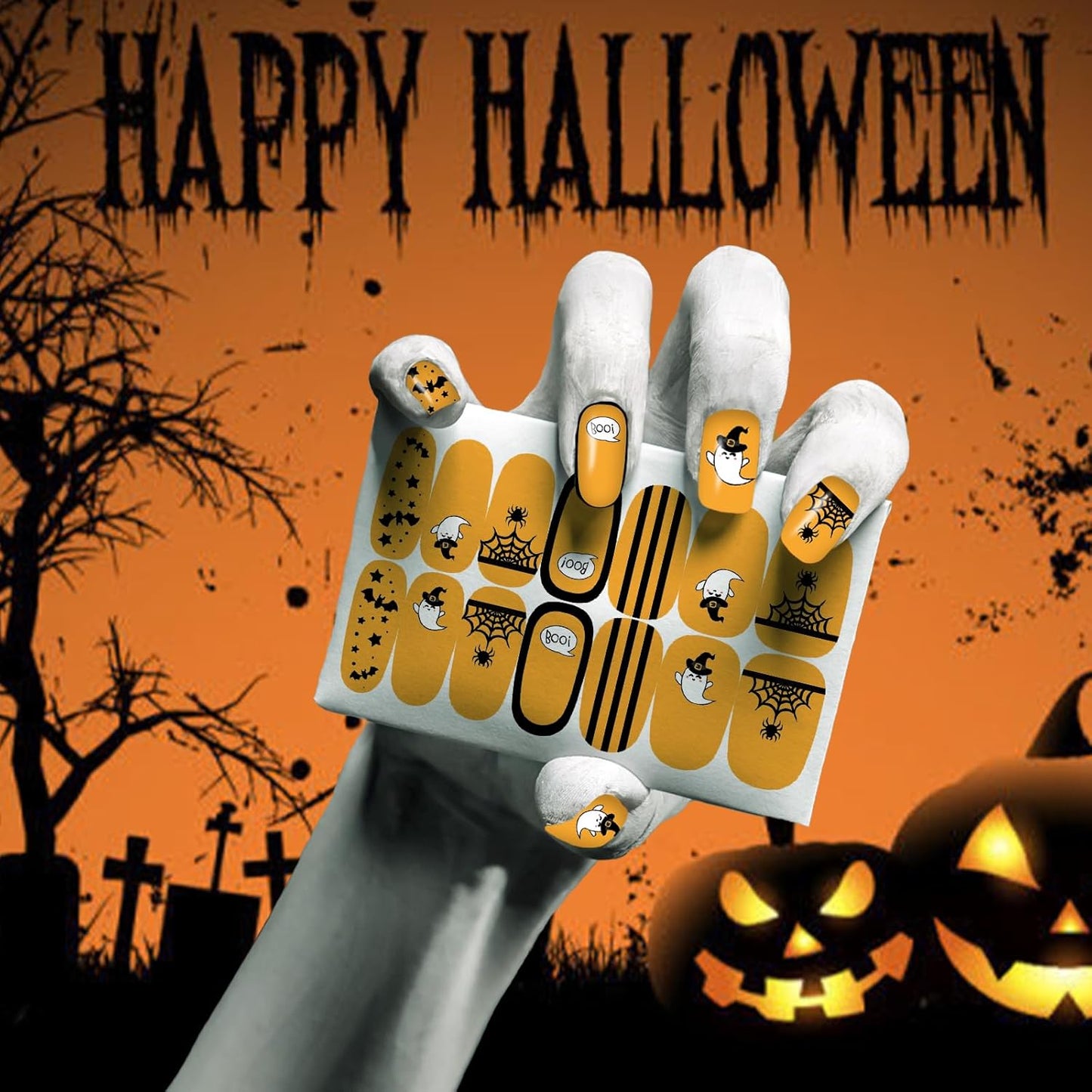 12 Sheets Halloween Nail Wraps Stickers, Nail Polish Strips DIY Self-Adhesive Full Glitter Nail Art Decals Pumpkin Bat Ghost Spider Skull Pattern with 2 Piece Nail Files for Party Decor (168 Pieces)