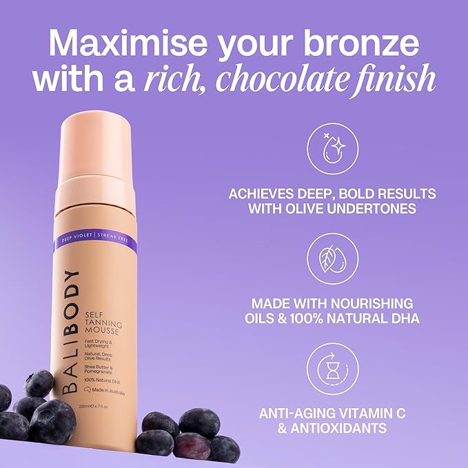 Bali Body Deep Violet Self Tanning Mousse – Self Tanner Mousse Violet-Based Formula for Dark, Fake Tan with Olive Undertones – Hydrating, Sunless Tanner for Sensitive Skin – 200ml / 6.7fl oz