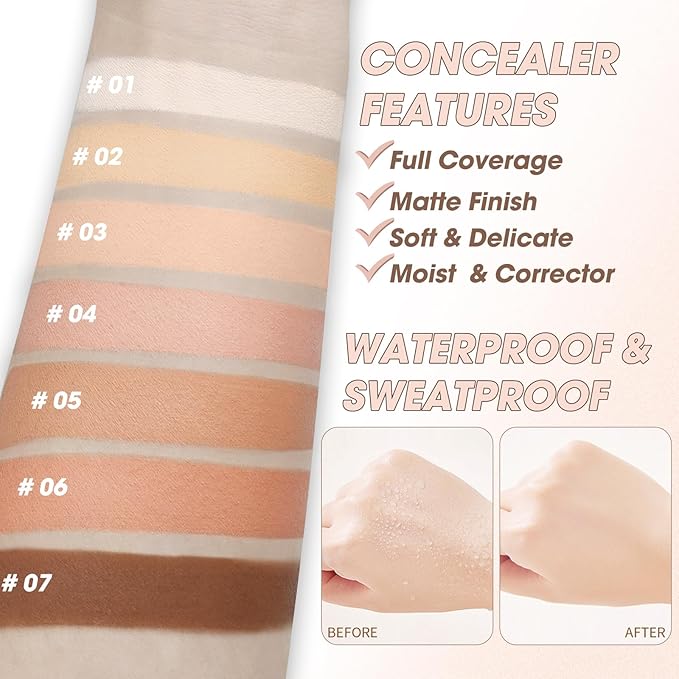 Cream Concealer Full Coverage Makeup, Matte Color Correcting Concealer with Brush, Waterproof, Conceals Blemish, Pores and Spots, Under Eye Makeup Concealer for Dark Circles (#04 LIGHT)