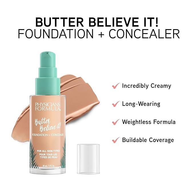 Physicians Formula Butter Believe It! Foundation + Concealer Deep Warm | Dermatologist Tested, Clinicially Tested