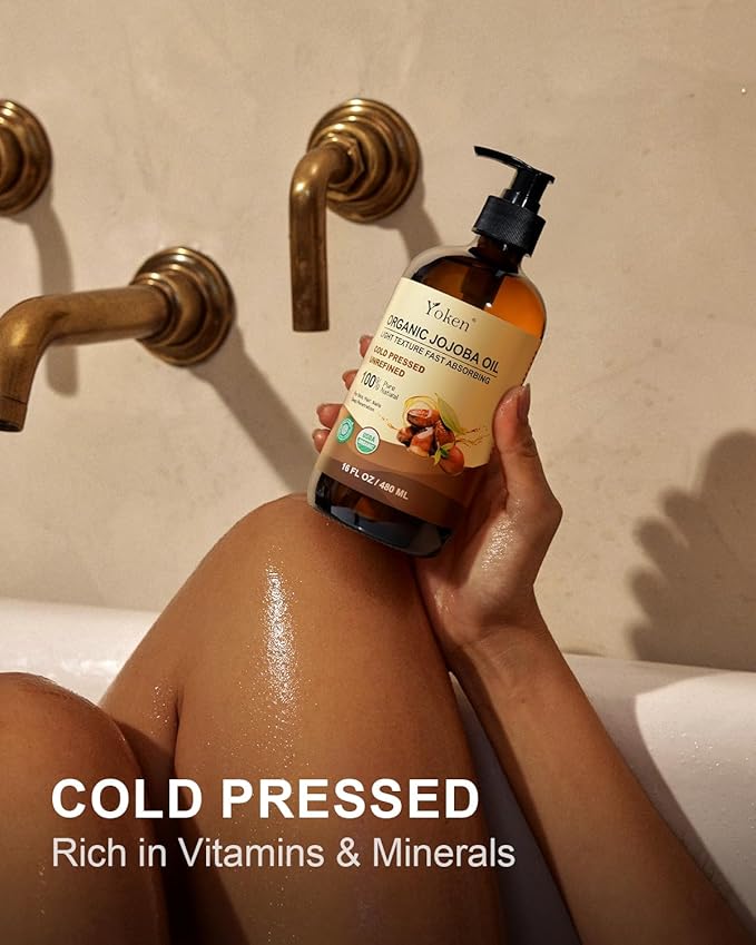 Yoken Organic Jojoba Oil Glass Bottle 16 fl oz, USDA Certified 100% Pure & Natural Jojoba Oil for Hair, Skin & Face, Cold Pressed Unrefined Hexane Free, Deeply Moisturizing Body Serum for Gua Sha