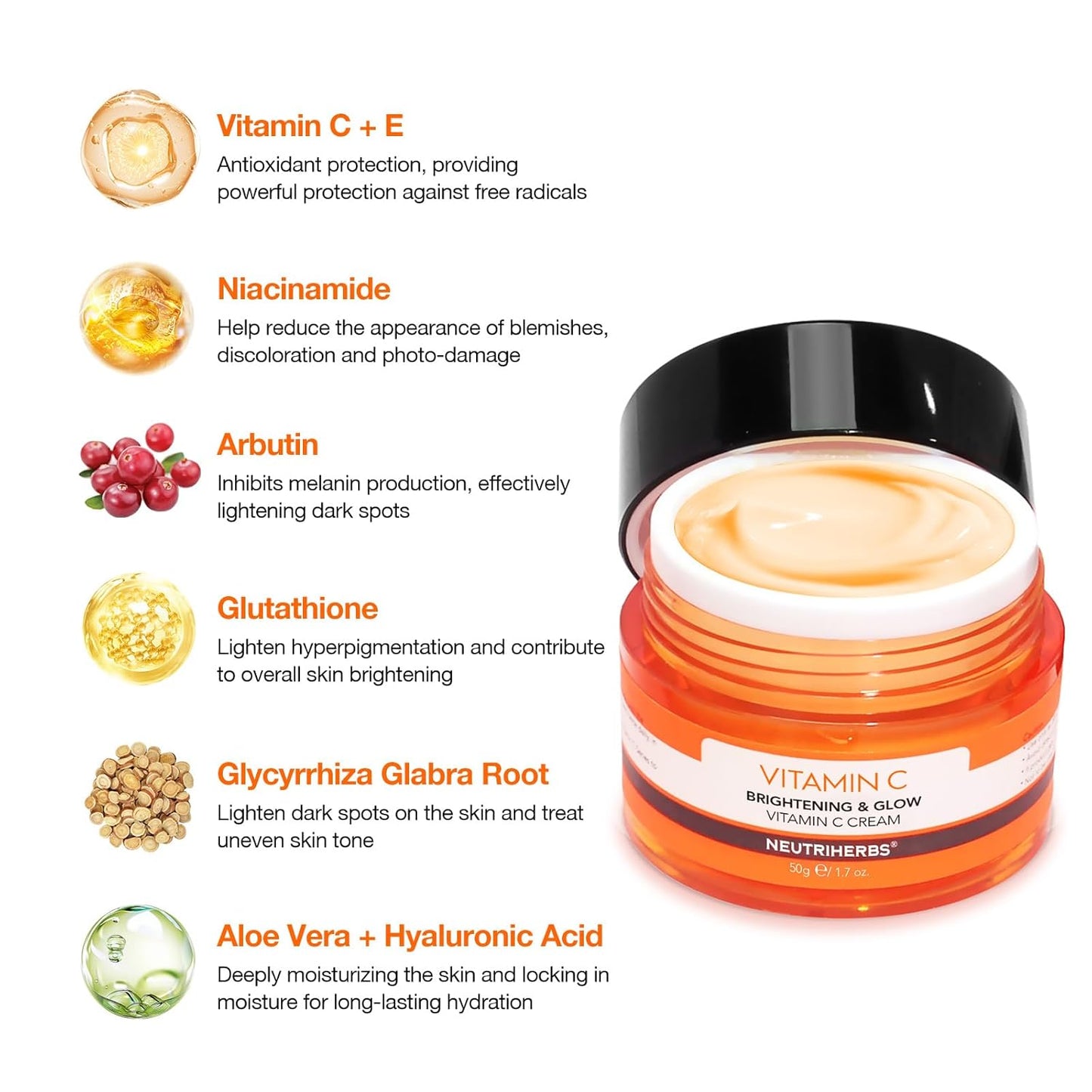 Neutriherbs Vitamin C Face Cream, Day & Night Facial Moisturizer, Daily Skin Care, Brighten, Lighten Skin, Moisturizing Softening Smoothing Skin 1.7oz