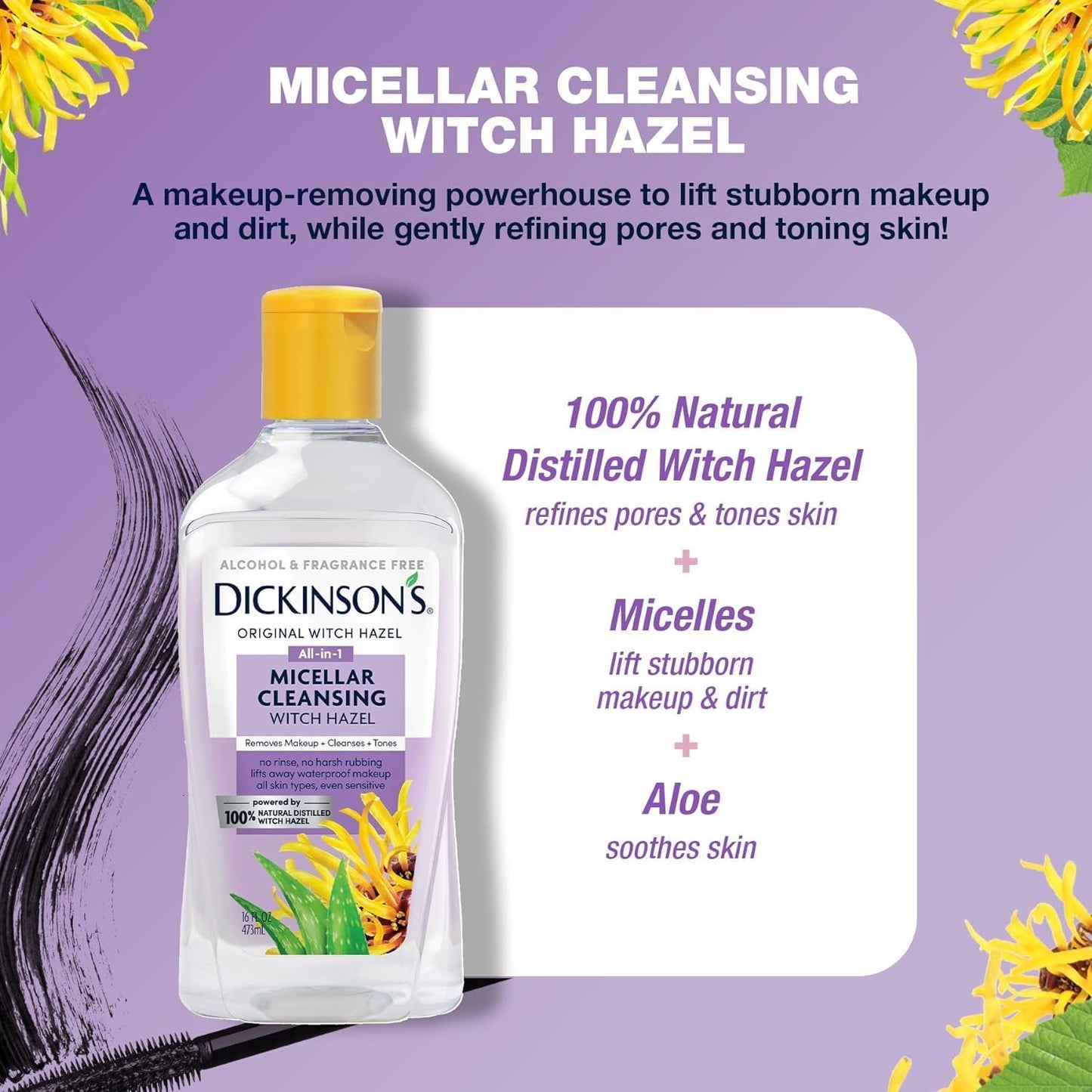 Dickinson's Micellar Cleansing Witch Hazel | 100% Natural Distilled Witch Hazel | Alcohol & Fragrance Free | Makeup Remover, Skin Cleanser, Facial Toner | Removes Dirt, Oil, Makeup | 8 Fl Oz