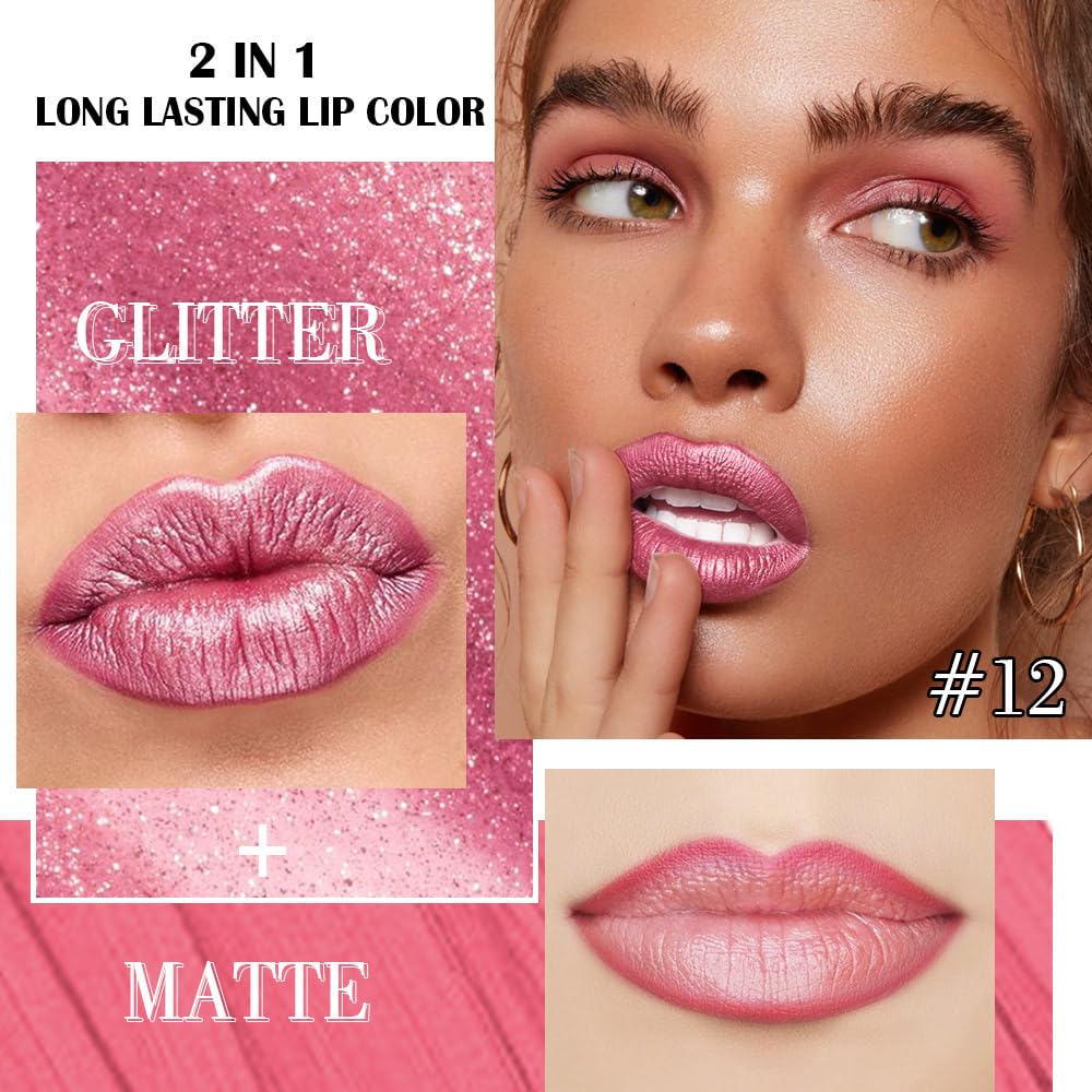 Kaely 2-in-1 Mauve Pink Metallic Lipstick and Lip Liner, Shimmer Liquid Metallic Lipsticks for Women, Glitter Lip Gloss Stain Long Lasting Waterproof Smudge Proof 24 Hour, Vegan Makeup, 12