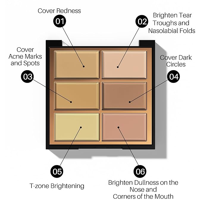 FV 6 Colors Cream Concealer Palette, Full Coverage & Long Lasting Colors Corrector Palette for Dark Circles, Redness, Acne with Natural Finish Cream Foundation Palette, 01 Light Shade