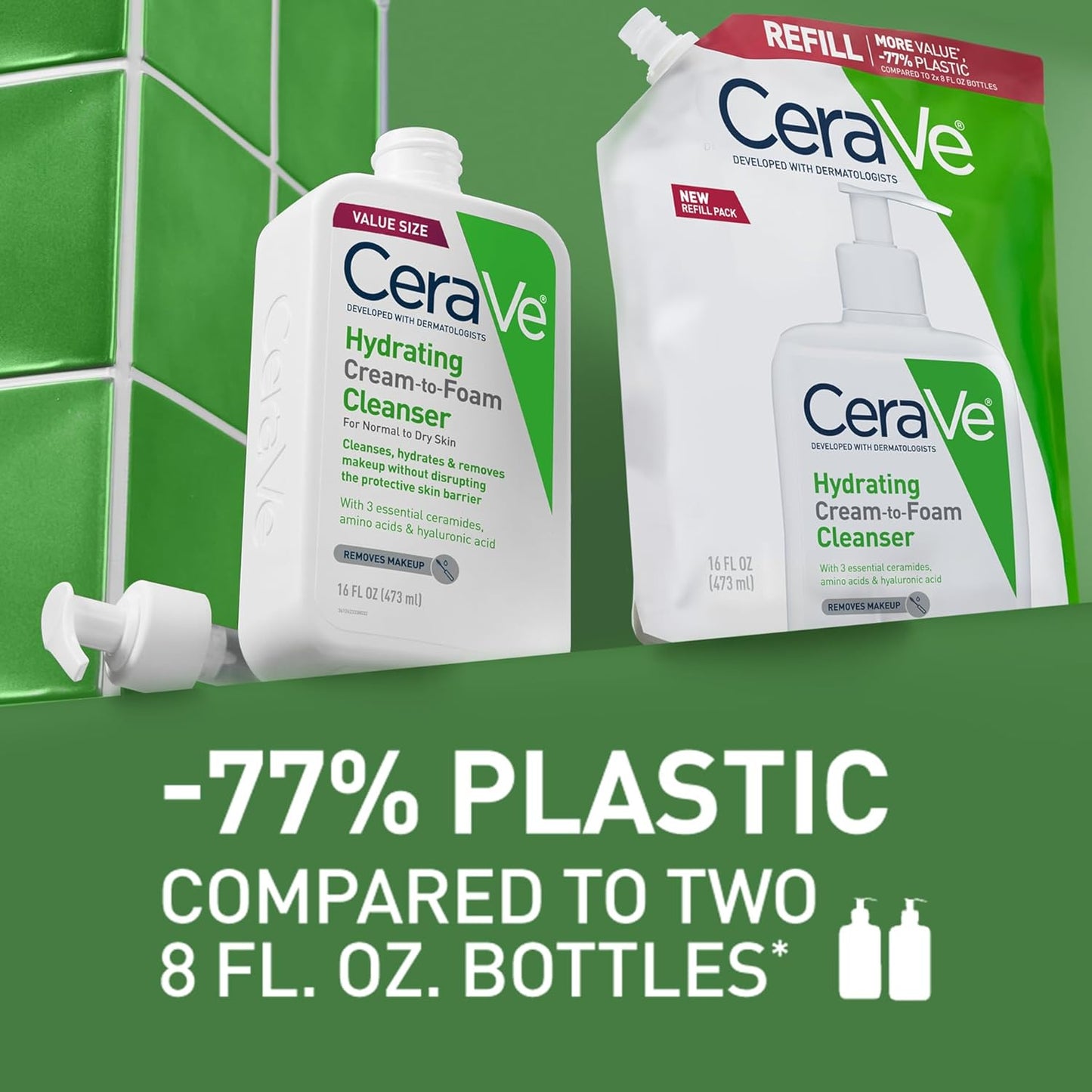 CeraVe Hydrating Cream To Foam Cleanser, Makeup Remover Face Wash For Dry Skin, Foaming Facial Cleanser With Hyaluronic Acid, Normal To Dry Skin, Fragrance Free & Non Comedogenic, 16 Ounce Refill