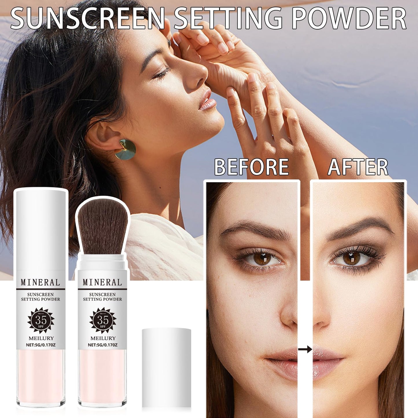 Sunscreen Setting Powder SPF 35, Mineral Brush Powder for Face & Scalp, Oil Control Natural Matte Finish Loose Powder Translucent Lasting Lightweight Breathable for All Skin (04# Pink Complexion)