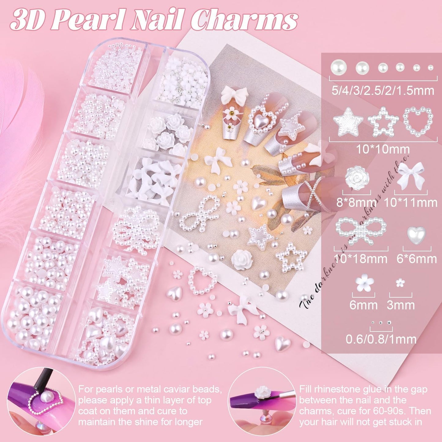 2 Boxes Flatback Pearls (White) and Metal Nail Beads (Silver+Gold) for Acrylic Nail Tips Manicure Decor