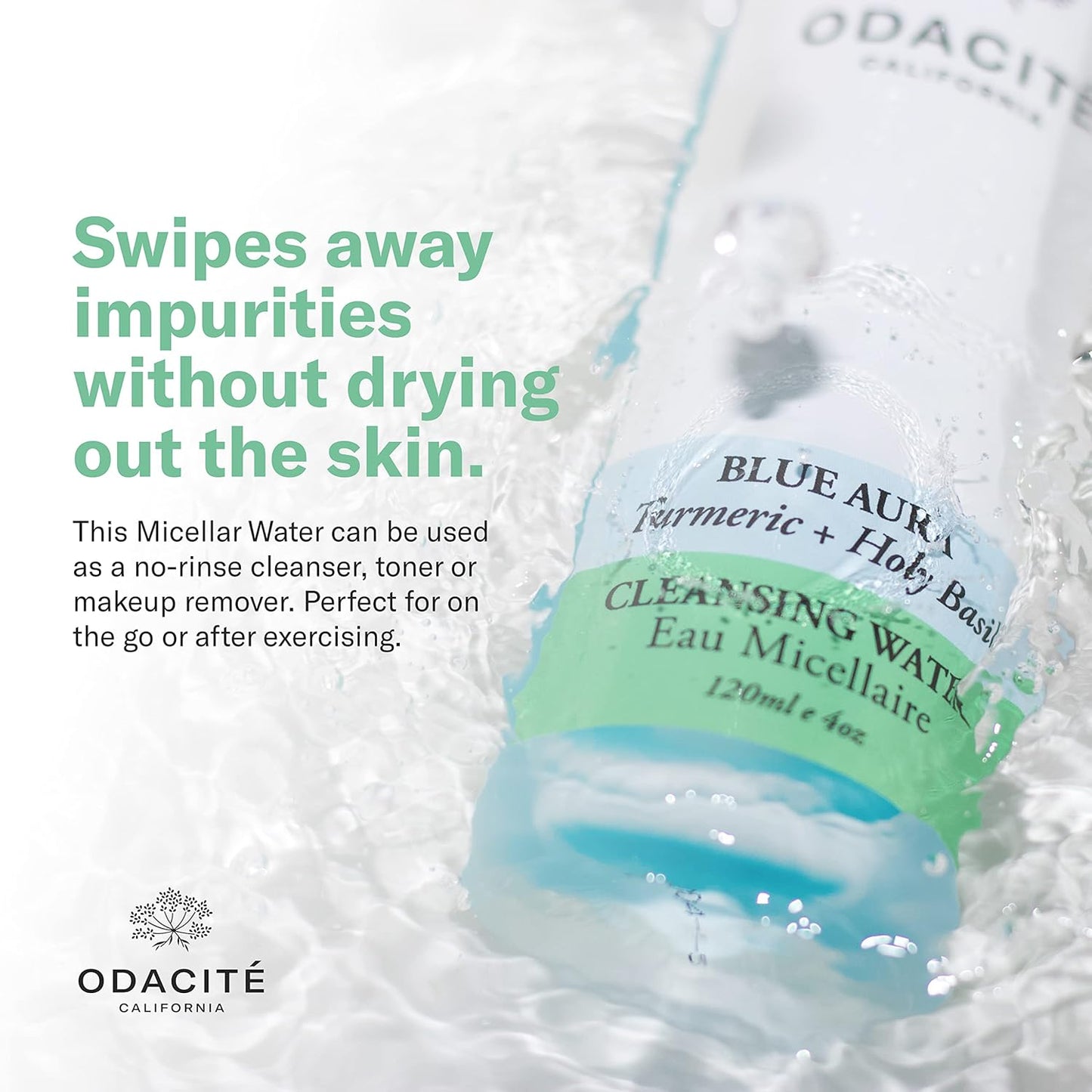 ODACITE Odacité Facial Cleanser with Foam - Blue Aura Cleansing Water Facial Wash with Neem, Holy Basil & Turmeric - No-Rinse Micellar Water Removes Pollution, Impurities & Makeup, 4.0 fl. Oz