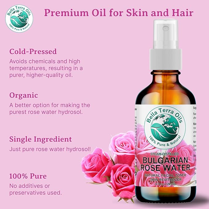 Bella Terra Oils - Organic Rose Water Mist 4 oz - Capture The Bulgarian Rose Essence, Perfect as a Gentle Rosewater Face Mist, Free from Synthetics