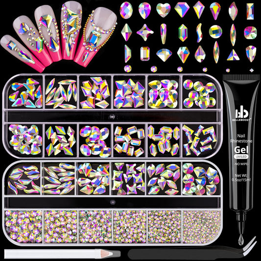 1680Pcs AB Glass Nail Rhinestones 180Pcs Multi Shapes Flatback Nail Gems + 1500Pcs 1.5-4mm Round Crystal with Rhinestones Glue Gel, Manicure Nail Charms Diamond Gemstones for Nail Art