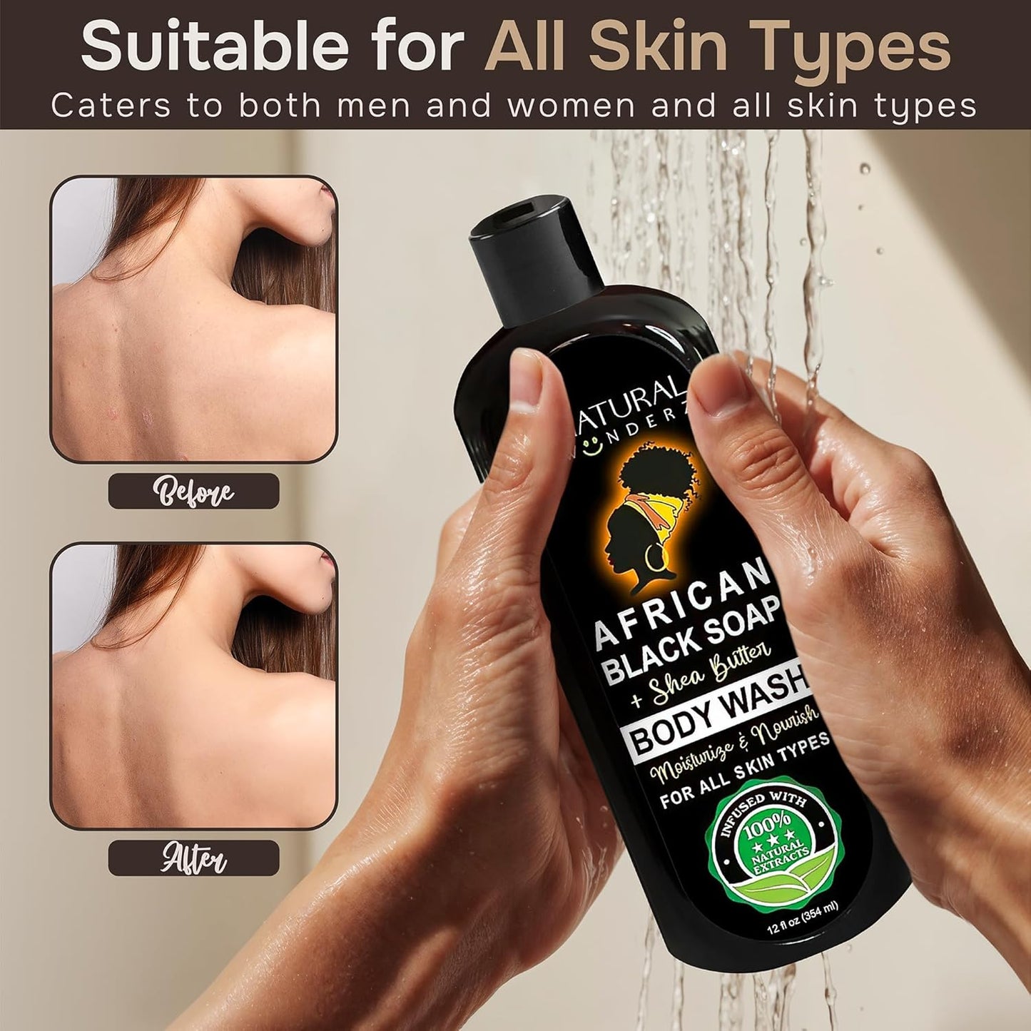 African Black Soap Body Wash, 12 oz – Sulfate‑Free, Vegan Cleanser with Shea Butter – Soothing, Detoxifying Shower Gel for Men & Women