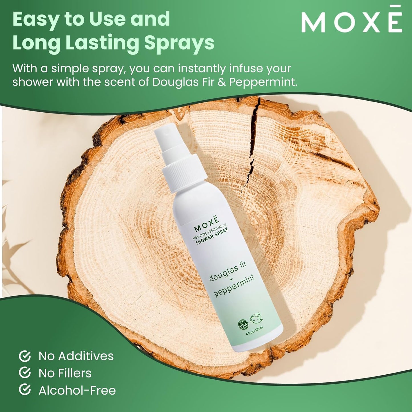MOXE Aromatherapy Shower Spray - Douglas Fir & Peppermint, 100% Essential Oils, Made in USA, Aromatherapy, Sinus Congestion Relief, Respiratory Support, 4 Oz (1 Pack)